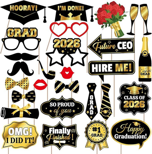 28 Pcs Graduation Photo Booth Props 2026, Black and Gold Congrats Grad Photography Props with Sticks & Adhesive Dots, Class of 2026 Party Favors & Decorations