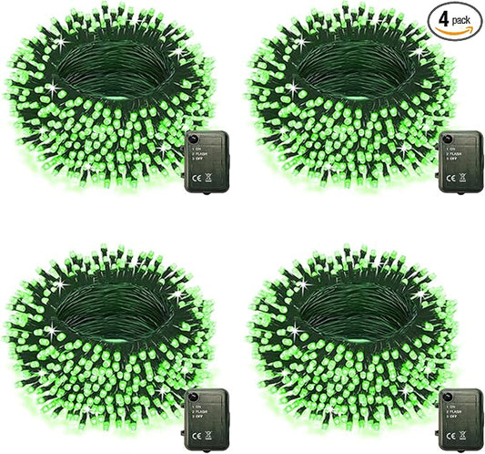 Pooqla Green String Lights Battery Powered, 4 Pack Total 66.6 FT 200 LED Christmas String Lights for Indoor Outdoor Decoration, Twinkle Fairy Light for Party Room St Patrick's Day Decorations