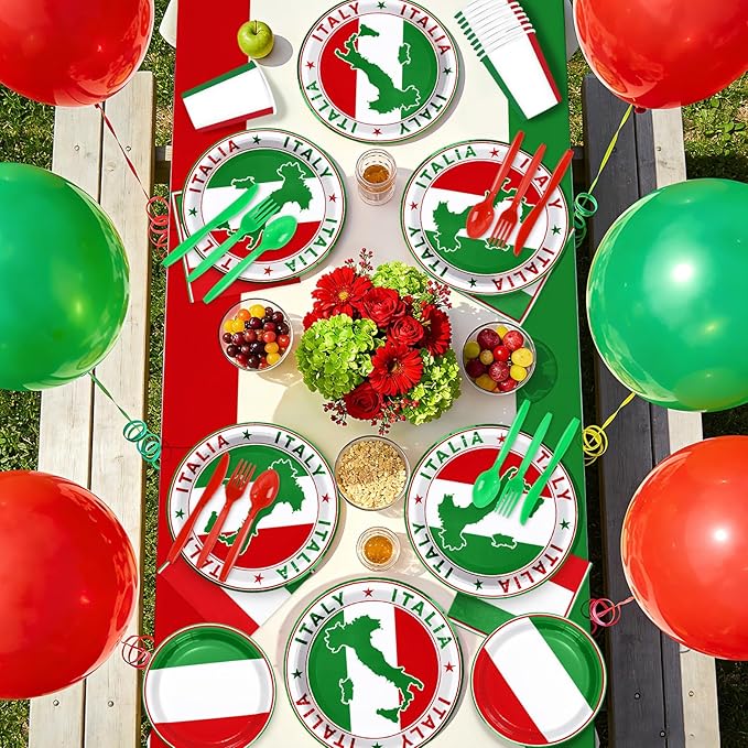170Pcs Italian Flag Birthday Party Supplies Italy Flag Plates and Napkins Cups Forks Tablecloth Red White Green Tableware Set for Pizza Holiday Family Gathering Dinner Party Decorations Serves 24 ﻿