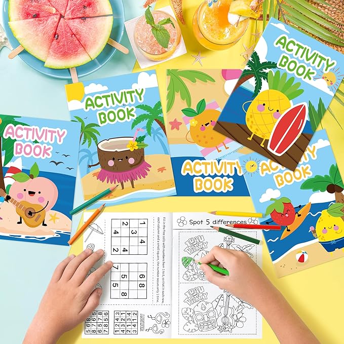 Summer Activity Books for Kids - 96Pcs Fruits Coloring Books Set Bulk Summer Tropical Search Mazes Word Scramble Games Mini Books for Party Goodie Bags Stuffers School Classroom Favors