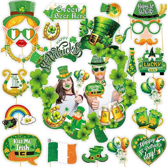 St. Patrick's Day Themed Photo Booth Kit Immerse in Irish Festivity via Intricate Shamrock Leprechaun Hat & Lucky Charm Patterns