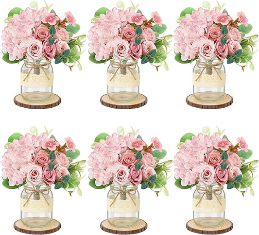 Set 6 Mason Jar Table Centerpiece - Wedding Centerpieces for Tables, Mason Jar Flower Centerpiece Vases Decor- Boho Farmhouse Rustic for Engagement, Bridal Shower, Wedding, Versatile Decor (Pink)