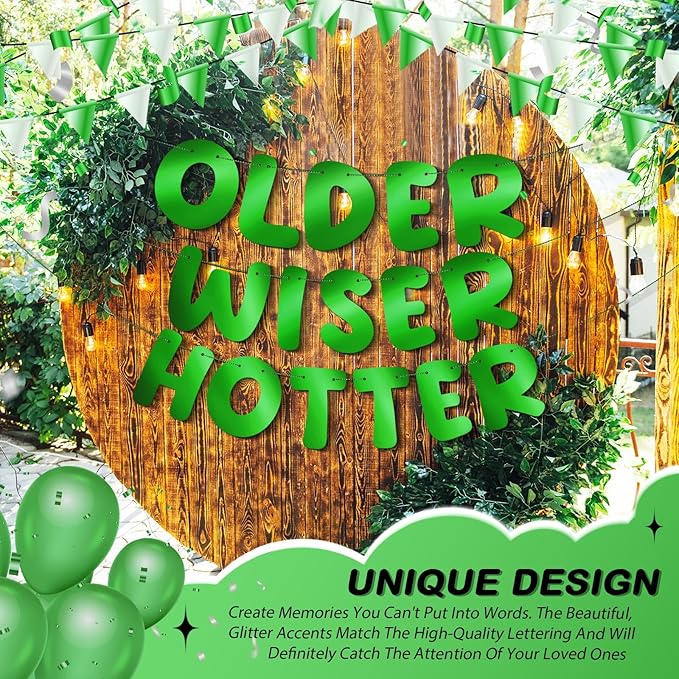 Fulmoon Set of 3 Pre Strung Older Wiser Hotter Glitter Banner Funny Birthday Banner for Women 30th 40th 50th 60th 70th 80th Birthday Party Decorations Sign Gift(Bright Green)