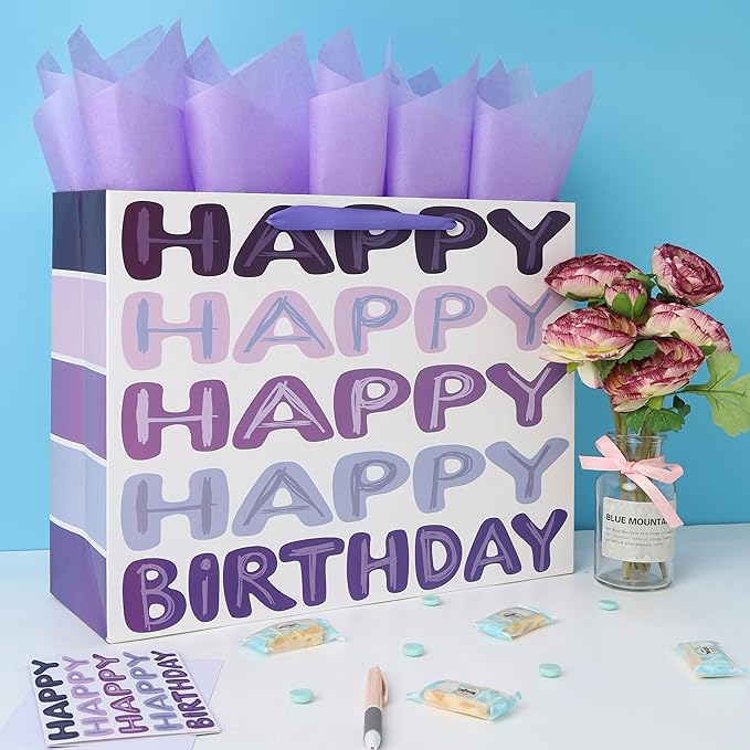Qirrmiy 16.5" Extra Large Purple Happy Birthday Gift Bag Set with Handles, Greeting Card, Tissue Papers and Stickers for Women Girls Kids Teens, Words Design, 1 Pcs