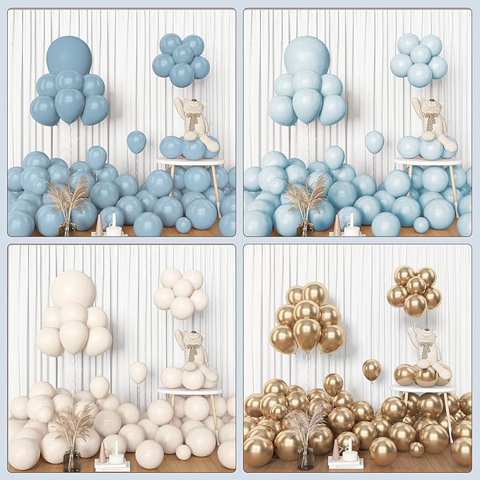 Amandir 153pcs Dusty Blue Balloon Garland Arch Kit, Different Sizes 18 12 10 5 inch Blue White Sand Latex Metallic Confetti Gold Balloons Baptism Birthday Boho Baby Shower Party Decoration Supplies