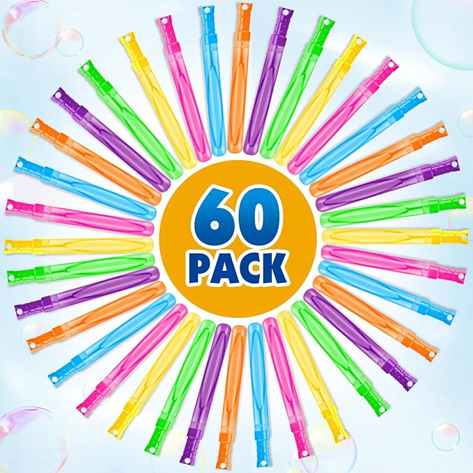 Bubble for Kids, 2OZ Bubble Wands Bulk for Kid Party Favors, Summer Toys, Indoor & Outdoor Activities, Birthday, Carnival Prizes, Wedding, Goodie Bags, 60 Pcs, 6 Assorted Colors