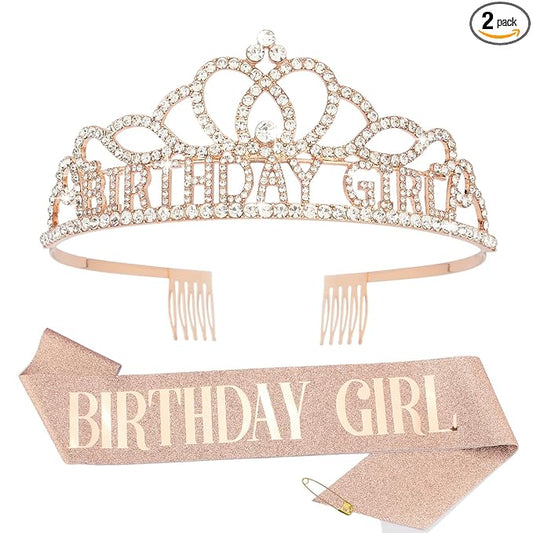 CIEHER Birthday Girl Sash and Birthday Crown Rose Gold Birthday Tiara for Women Birthday Girl Headband Princess Crown Birthday Decorations Birthday Crown and Sash Rhinestone Happy Birthday Accessories Birthday Gifts