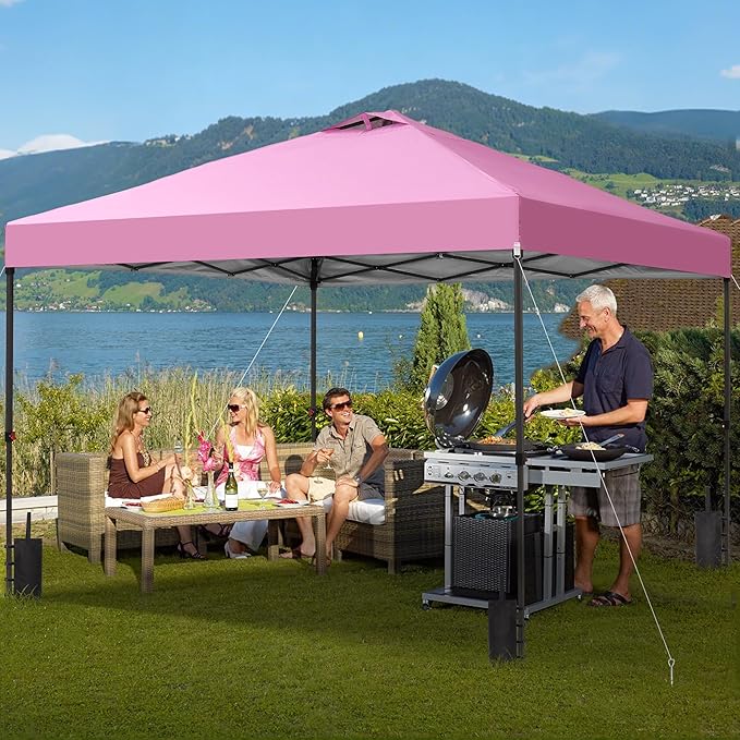 GDY 10x10 Pop Up Canopy Patio Carpas, One Push Set up with Central Lock Canopy with Hand Carry Bag, Included 4 Sandbaogs,8 Stakes and 4 Ropes, Pink