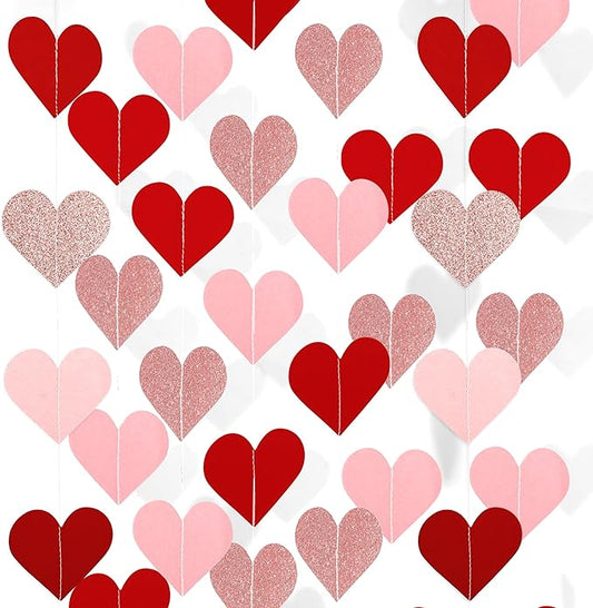 40 Feet Red & Pink Heart Garland Glitter Heart Banner Garland Decoration, Ceiling Hanging for Wedding Bridal Shower Hanging Decoration Streamers