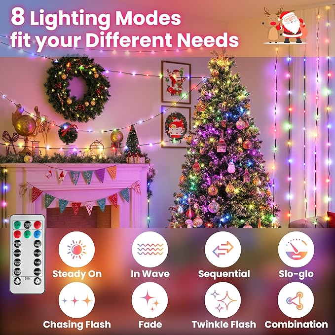 Larkvue 394FT 1200 LEDs Christmas Lights with Remote, Waterproof Dimmable 8 Modes Twinkle Fairy Rope String Lights with Timer for Xmas Tree-Multicolor