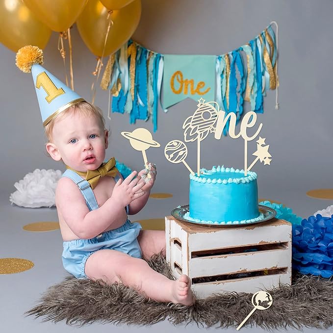 Birthday Cupcake Toppers Decorations - 5 Pcs Outer Space Wood ONE Cake Toppers Kids' 1st Birthday Baby Shower Party Cake Toppers Glitter Star Planet Cake Picks Decorations Featuring Food Safe