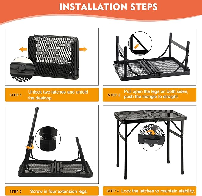 GREGIN Camping Table with Mesh Desktop, Lightweight & Portable Folding Grill Table, Height Adjustable Metal Outdoor Table for Camp, Cooking, BBQ, RV, Picnic-4 FT Black