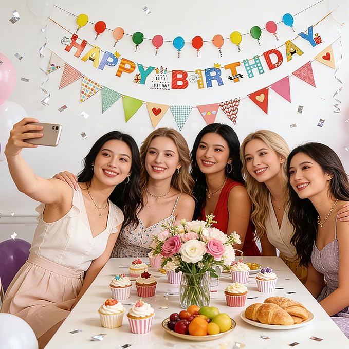 Colorful Happy Birthday Banner, Birthday Decorations Hanging Birthday Sign with Balloon Letter Triangle Bunting Flags, Rainbow Hanging Garland for Women Kids Baby Shower Party Supplies