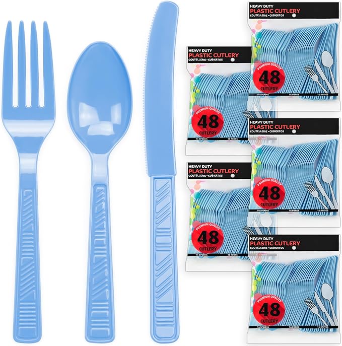 DecorRack Plastic Cutlery Set, Light Blue Colored Plastic Silverware Sets for Parties, 240 Piece Bulk Heavy Duty Utensils (Light Blue, 240 Pieces)