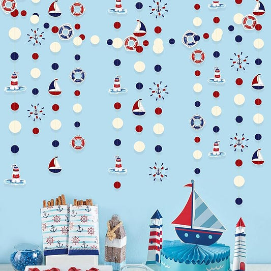 Nautical Party Decorations Red Blue Beige Circle Dots Garland Hanging Paper Polka Dot Streamer for Birthday Wedding Baby Shower Bachelorette Nautical Ahoy Achor Pirate Theme Party Decorations Supplies