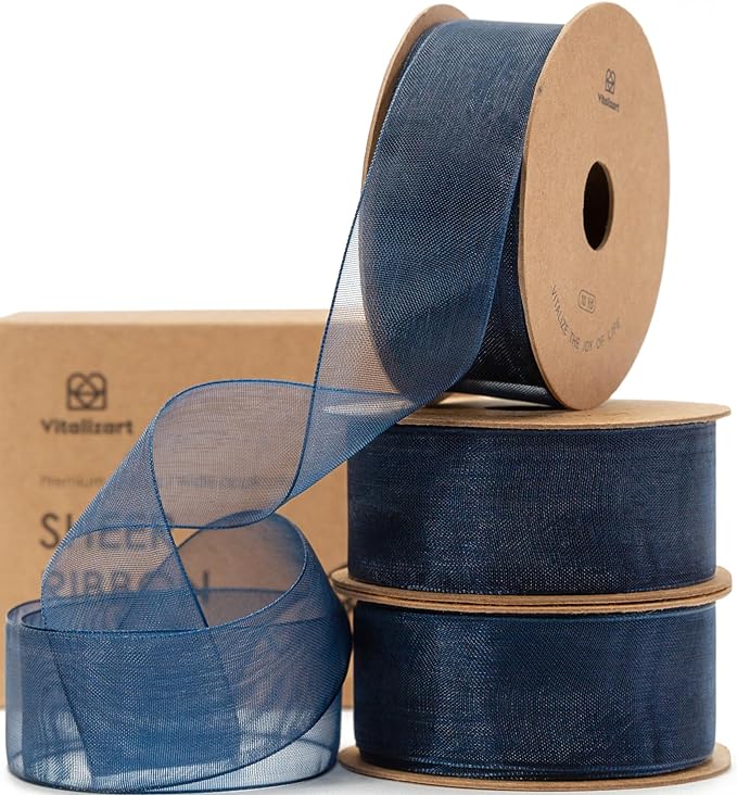 Vitalizart Navy Blue Ribbon Organza Sheer Ribbon 1 inch x 30 Yd in Total Handmade Fabric Ribbons for Gift Wrapping Christmas Tree Crafts Bows Wedding Invitations Wreaths Wrap