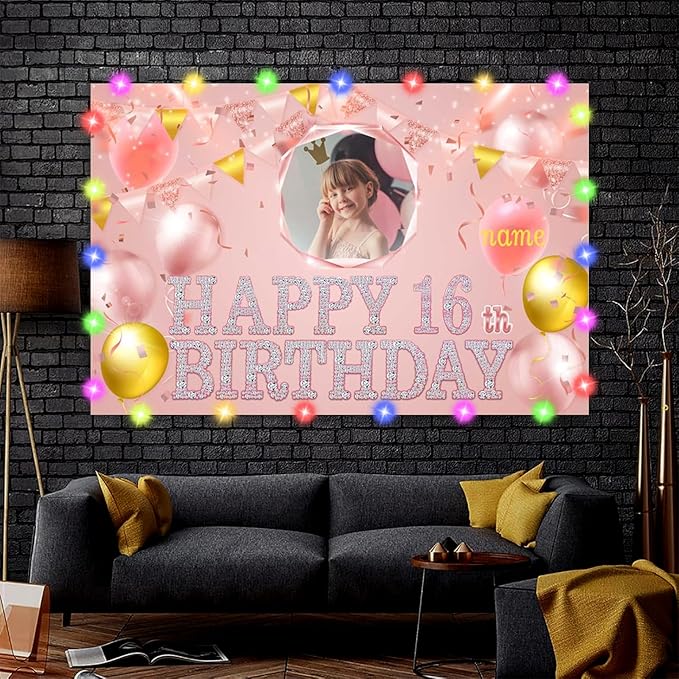 Dicodes Custom Rose Gold Pink Theme Birthday Banner for Party Happy Birthday Backdrop Decoration Personalized with Name and Photo