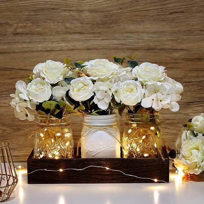 Mason Jar Centerpiece Table Decor for Dining Room Farmhouse Coffee Table Decor with Wood Tray Fairy Lights Fake Flowers for Valentine's Day Kitchen Living Dining Room - White