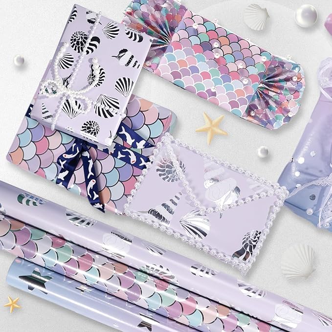 Pink Mermaid Wrapping Paper Roll - Mini Roll - 3 Rolls Pink Lavender Purple Foil Mermaid Scale Scallop Girls Wrapping Paper Gift Wrap for Girl Baby Shower Birthday Wedding-17x120 inch(10feet) Per Roll