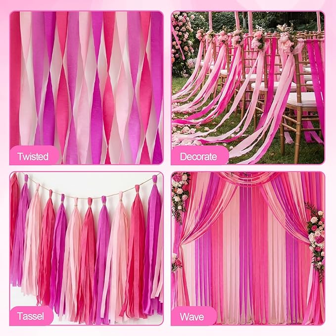 Pink Crepe Paper Streamers 9 Rolls 738ft, Pink Streamers Birthday Decorations for Wedding Mother's Day Baby Shower Holiday Party Decor, 1.77 Inch x 82 Ft/Roll