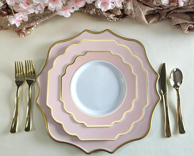 " OCCASIONS " 640 Piece set (80 Guests)-Heavyweight Wedding Party Disposable Plastic Plate Set - 80 x 10.5'' + 80 x 8'' + Silverware + Cups + Napkins (Imperial in Blush Pink & Gold)