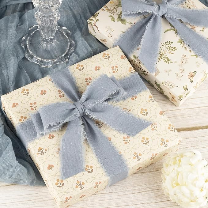 Dusty Blue Cotton Ribbon 1 Inch Dusty Blue 3 Rolls 21 Yards Frayed Edge Fabric Set for Wedding Decor, Bridal Bouquet Wrap, Graduation Party, Gift Wrapping & Spring Wedding