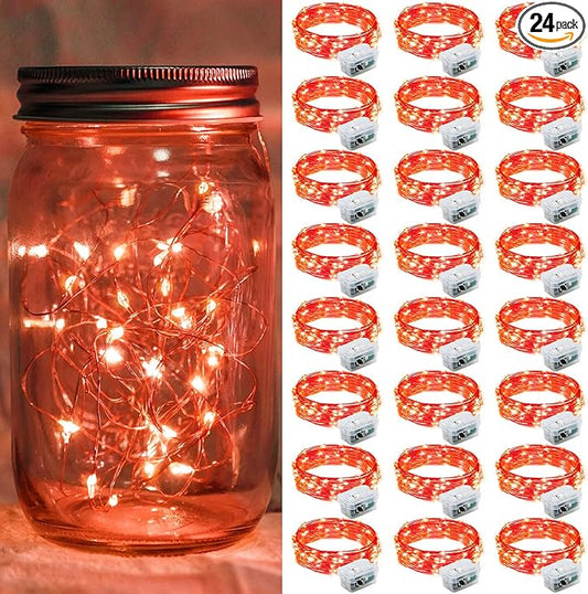 24 Pack Red Fairy Lights 7Ft 20 LED Twinkle String Lights 3 Modes Battery Operated Waterproof Firefly Starry for Mason Jar Party Table Centerpieces Halloween Christmas Valentines Day