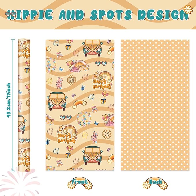WERNNSAI Retro Hippie Wrapping Paper - 1 Roll 17” x 33 ft Boho Rainbow Daisy Wrapping Paper Groovy Brown Gift Packing Favor for Kids Birthday Vintage Theme Party Supplies Reversible Polka Dot Design