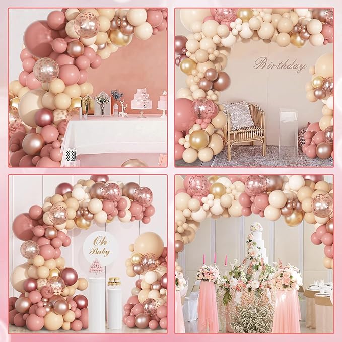 170Pcs Blush Dusty Rose Pink Balloons Garland Arch Kit, Boho Peach Rose Gold Neutral Confetti Balloons for Girls Women Bridal Baby Shower Wedding Engagement Birthday Party Decorations