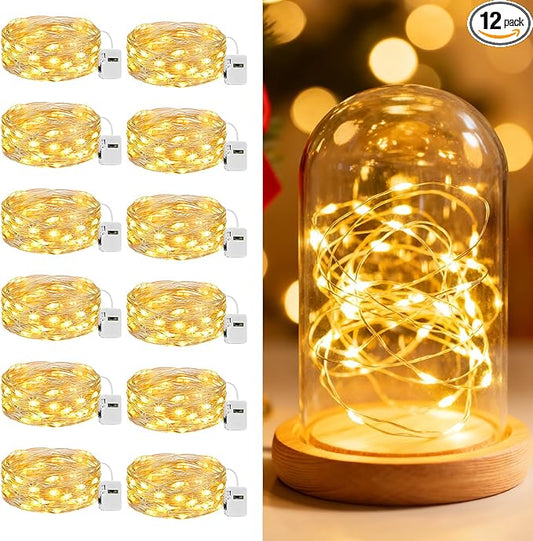 litogo 12 Pack 7FT 20 LED Fairy Lights Battery Operated, 3 Lighting Modes, Bulk Mini Twinkle String Lights Waterproof Silver Wire for Weddings Mason Jars Party Christmas Decorations-Warm White
