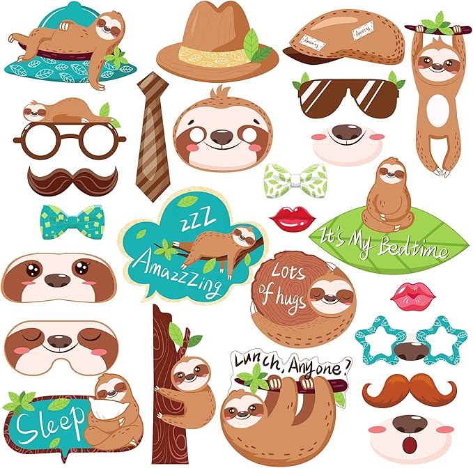 25Pcs Sloth Photo Booth Props with Stick, Jungle Animals Theme Selfie Props, Birthday Party Supplies, Photography Backdrop Decorations