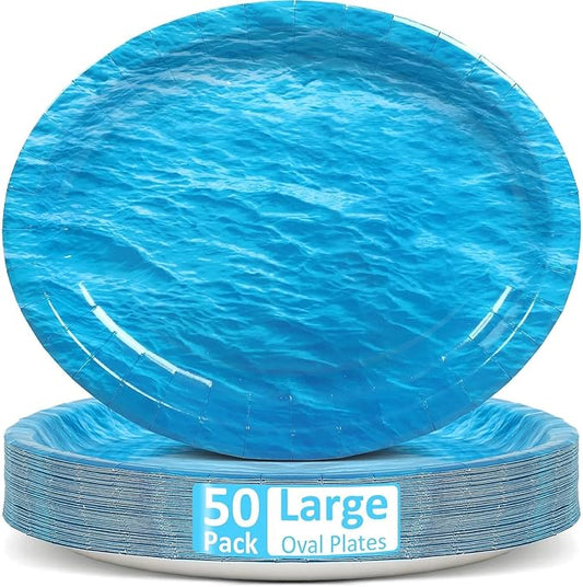 Qyeahkj 50 PCS Summer Ocean Waves Oval Paper Plates Large 11” Disposable Ocean Sea Party Decorations Under the Sea Supplies Favor for Beach Pool Birthday Party Shower Tableware Set