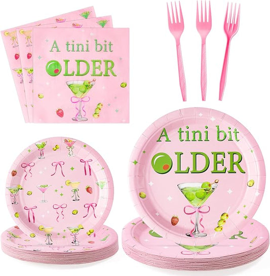 Pink Olive Martini Bow A Tini Bit Older Espresso Cocktail Party Plates Supplies - Serves 24-96Pcs Party Tableware Decoration Disposable Paper Plate Napkin Fork for Birthday Bar Bachelorette