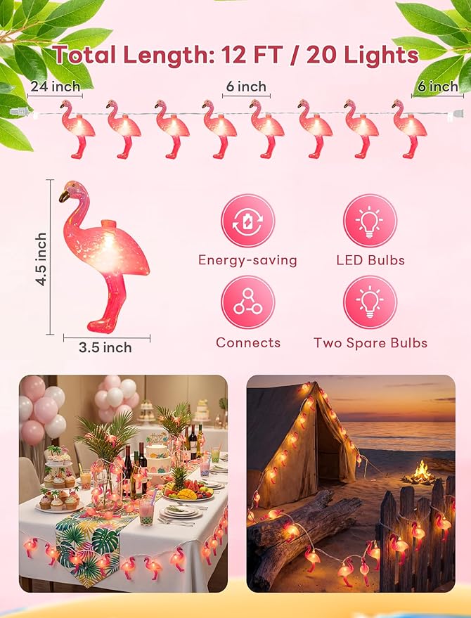 Flamingo String Lights, 12FT 20 LED Summer String Lights with UL Certified Plug, Waterproof Tropical Party Decorations for Patio, Warm White Hawaiian String Light for Garden Backyard Bedroom Decor