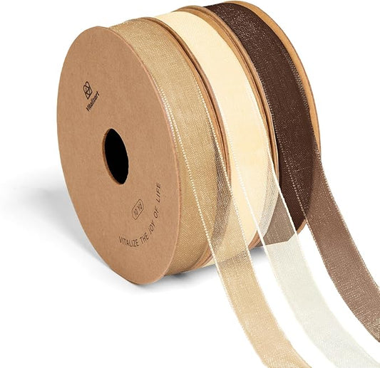 Vitalizart 3/8" x 30Yd Champagne & Nude Organza Ribbon Christmas Sheer Ribbons Set 10 Yd x 3 Rolls Handmade Eco-Friendly for Christmas Gift Wrapping Tree Decor Bows Wreaths