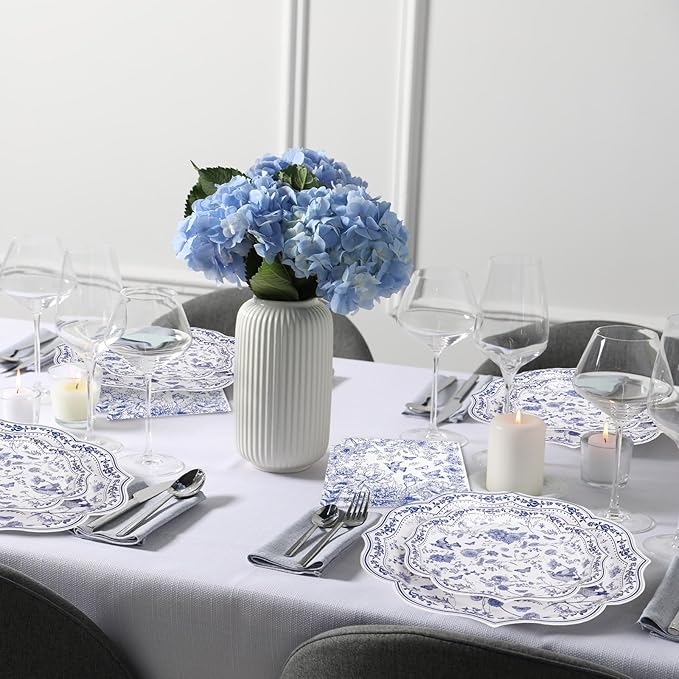 FYSUIMU 60 Pcs Blue White Floral Tableware Set Chinoiserie Flower Bird Scalloped Disposable Plates and Paper Napkins for 20 Guests Wedding Birthday Party Table Supplies