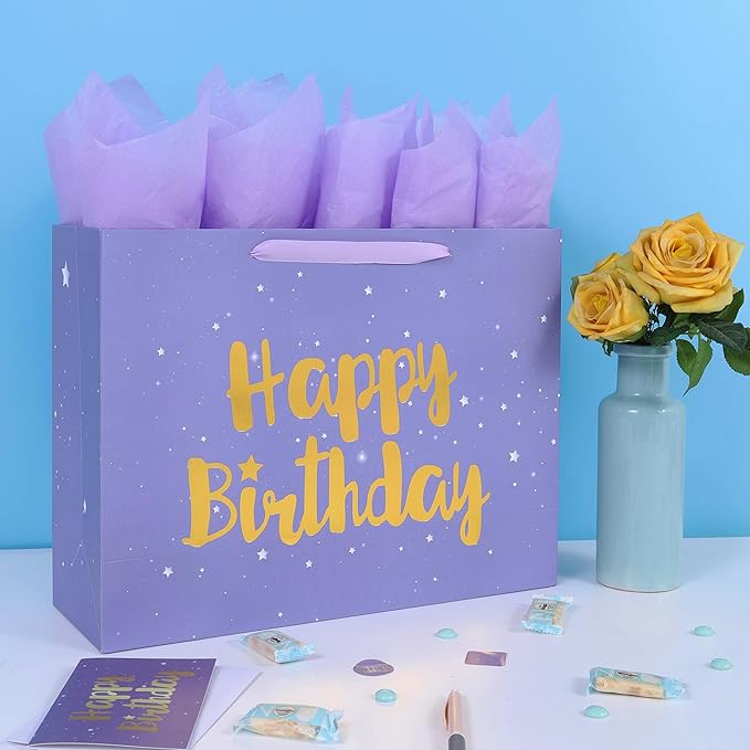 Qirrmiy 16.5” Extra Large Purple Happy Birthday Gift Bag Set with Handles, Greeting Card, Tissue Papers and Stickers for Women Girls Kids, Stars Design, 1 Pcs.