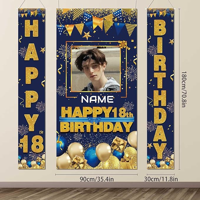 Custom Photo Birthday Banner Set Personalized Name Door Banners Fabric Backdrop Birthday Decorations Party Supplies Background for Indoor Outdoor Front Door Sign(Blue and Gold)