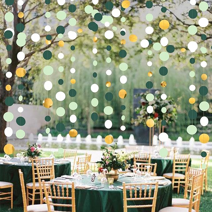 46 Ft Sage Green Gold Party Decorations Polka Dots Garlands Hanging Paper Circle Dots Streamer for Safari Wild Woodland Jungle Theme Birthday Baby Shower Graduation Wedding Party Decorations Supplies