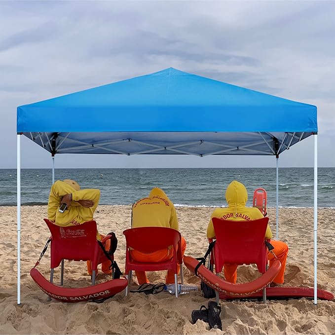 JupiterForce 10 x 10 Pop Up Height Adjustable Canopy Tent Sun Protection Waterproof Instant Shelter Portable Folding Canopy with Ropes Stakes Roller Carry Bag, Blue