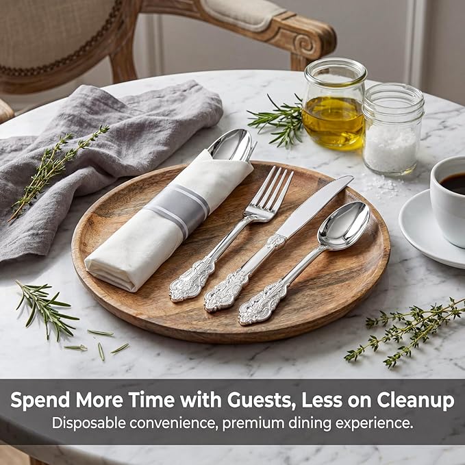 Liacere 400PCS Silver Plastic Silverware - Pre Rolled Napkins Disposable Silver Cutlery-Premium Quality Gold Plastic Utensils - Includes 100Forks,100Knives,100Spoons,100Napkins&Christmas