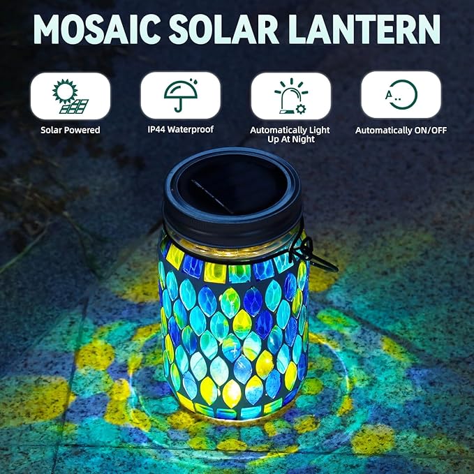 VOREEN Solar Powered Mosaic Mason Jar Lights, Colorful Stained Glass Lanterns for Outdoor Garden Decor, 2 Pack