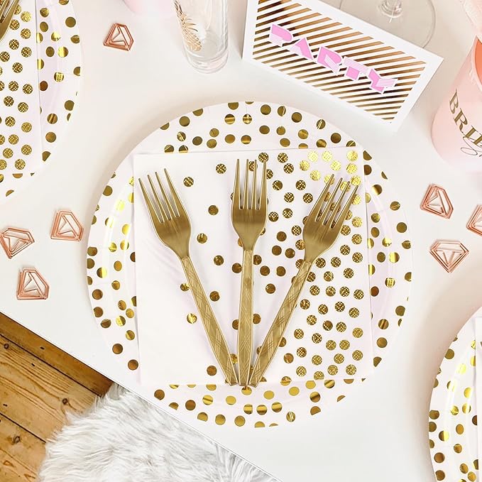 96PCS White and Gold Plates and Napkins Party Supplies, Gold Dot Disposable Party Paper Plates and Napkins with Forks Tableware Set for Wedding Baby Shower Birthday Party Decorations 24 Guests