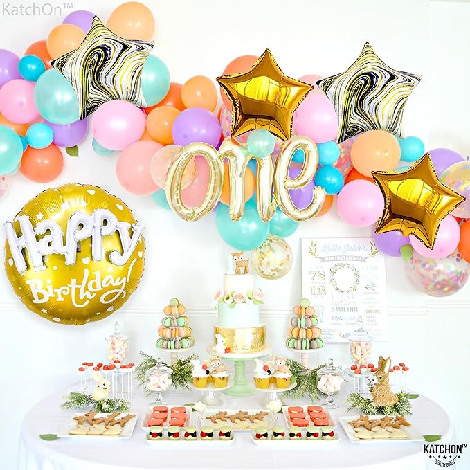 KatchOn, Gold Happy Birthday Balloon Set - 23 Inch, Big, Pack of 5 | Happy Birthday Mylar Balloons, Golden Birthday Balloons | Gold Party Decorations, Golden happy Birthday Decorations