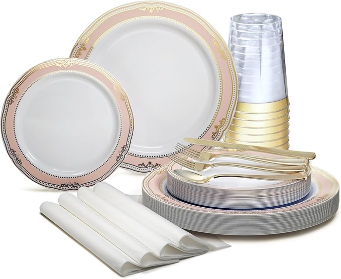 " OCCASIONS " 320pcs set (40 Guests)-Wedding Party Disposable Plastic Plate Set -40 x 10.25'' + 40 x 7.5'' + Silverware + Cups + Napkins (Scalloped in White/Blush & Gold)