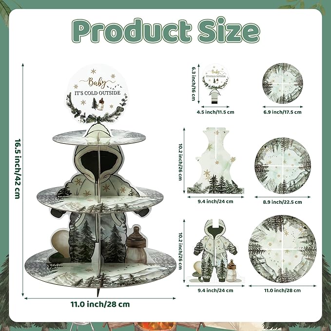 Adventure Baby Shower Cupcake Stand - 3 Tier Summer Camping Themed Cupcake Holder Baby It's Cold Outside Baby Shower Dessert Cake Tower Displays for Kids Birthday Gender Reveal Party Supplies