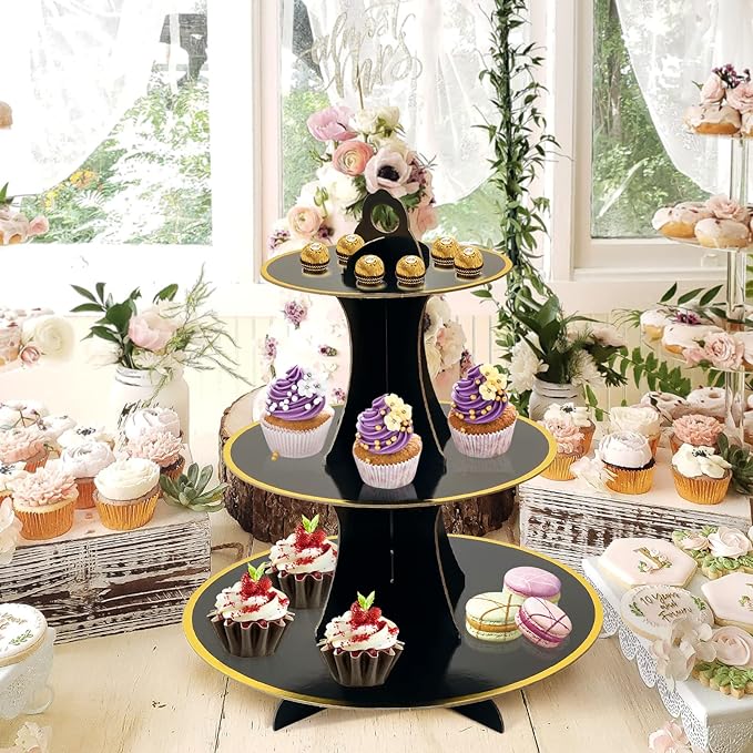 Soleebee 3-Tier Round Cupcake Stand, Cardboard Cupcake Tower, Dessert Cup Cake Stand Tower for Birthday Wedding Party Decoration, Cupcake Tier Stand 1 Set (Black Gold)