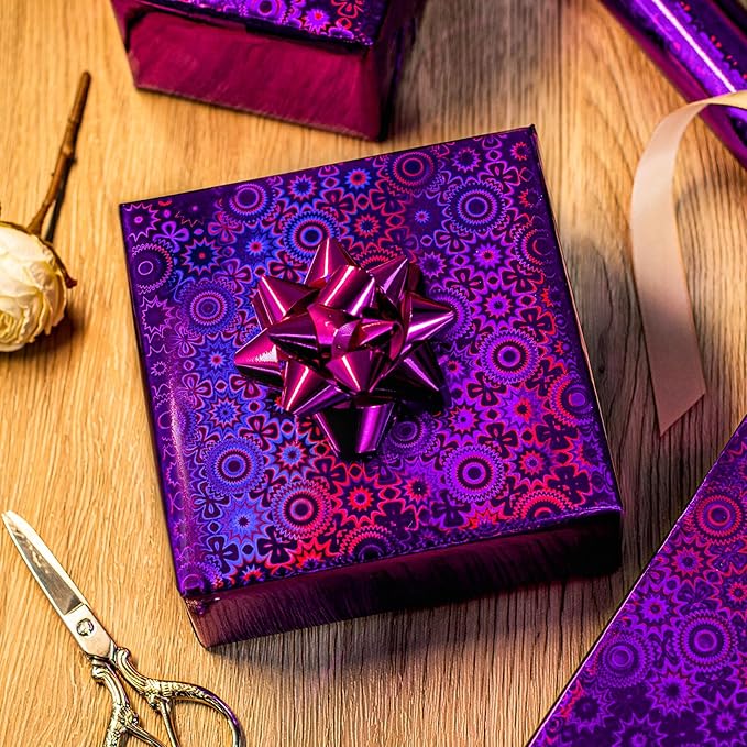 Burymento Purple Wrapping Paper Roll, Metallic Holographic Bohemia Gift Wrap for Birthday, Valentines, Mothers day, Graduation, Wedding, Fathers day, Baby Shower, Christmas (17 IN x 32.8 FT)