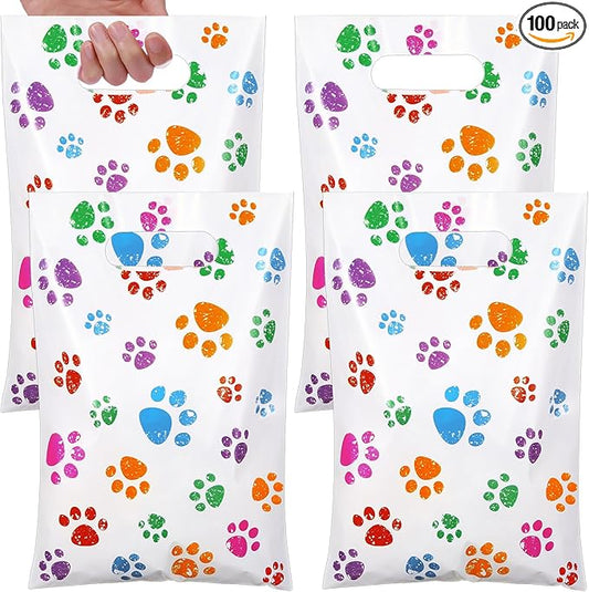 Pasimy 100 Pcs Dog Paw Gift Bags Bulk Pet Paw Puppy Plastic Treat Favor Candy Goodie Bags with Handle for Dog Birthday Party Decoration Supplies(White,Colorful)