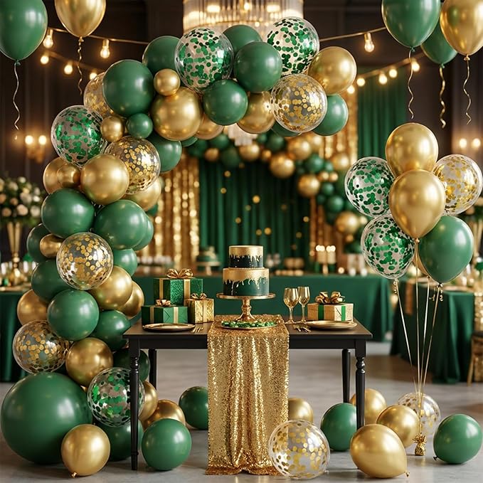 Hiquaty Green and Gold Latex Balloons,50pcs 12 inch Dark Green Balloons Gold Confetti Balloons with Ribbon for Birthday St. Patrick's Day Wedding Party Decoration